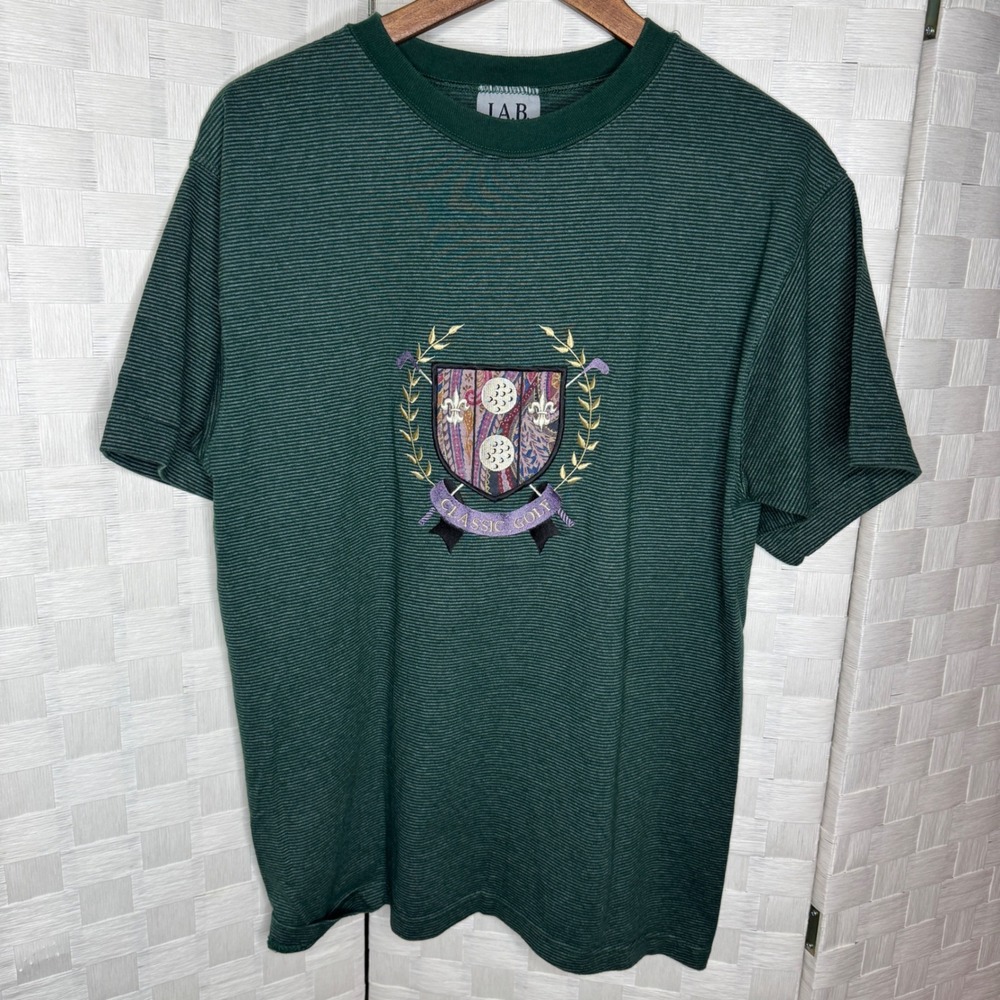 Vintage IAB Bedford Mens Medium Green Striped Classic Golf Embroidered T-Shirt